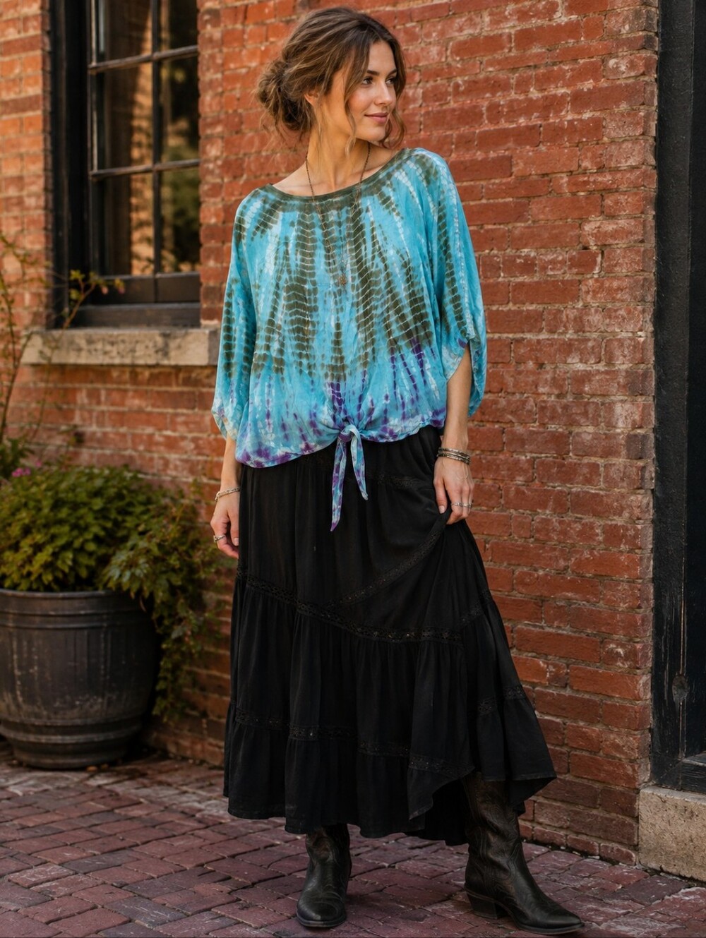 Chelsea & Theodore Tie Dye Blouse M 100% Viscose Boho Dolman Front Tie Top